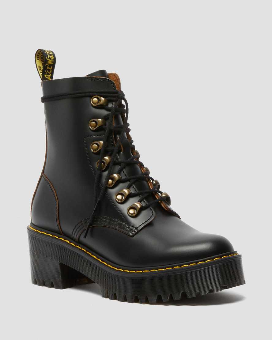 Dr. Martens Leona Vintage Smooth Lær Heeled Platform Støvler Dame Svart [4652JQCYW]